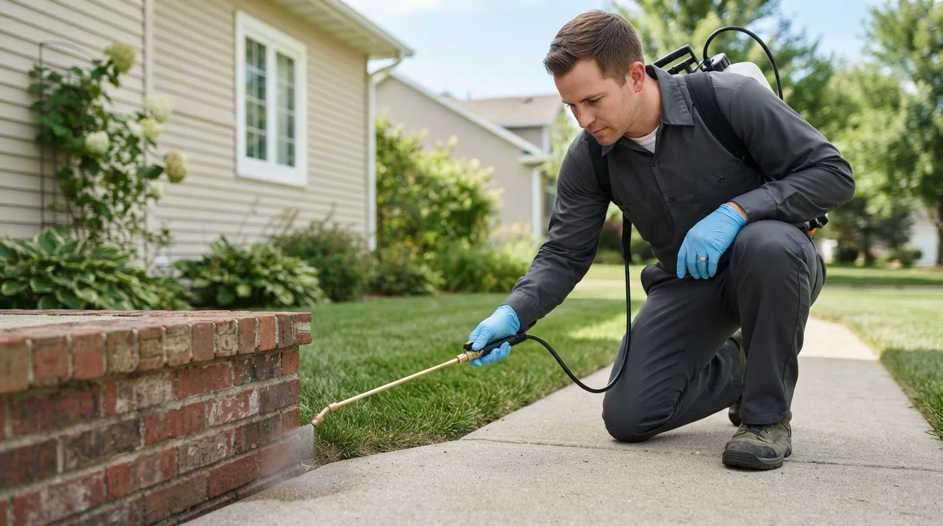 Pest control technician treating a home near Grandin, ND